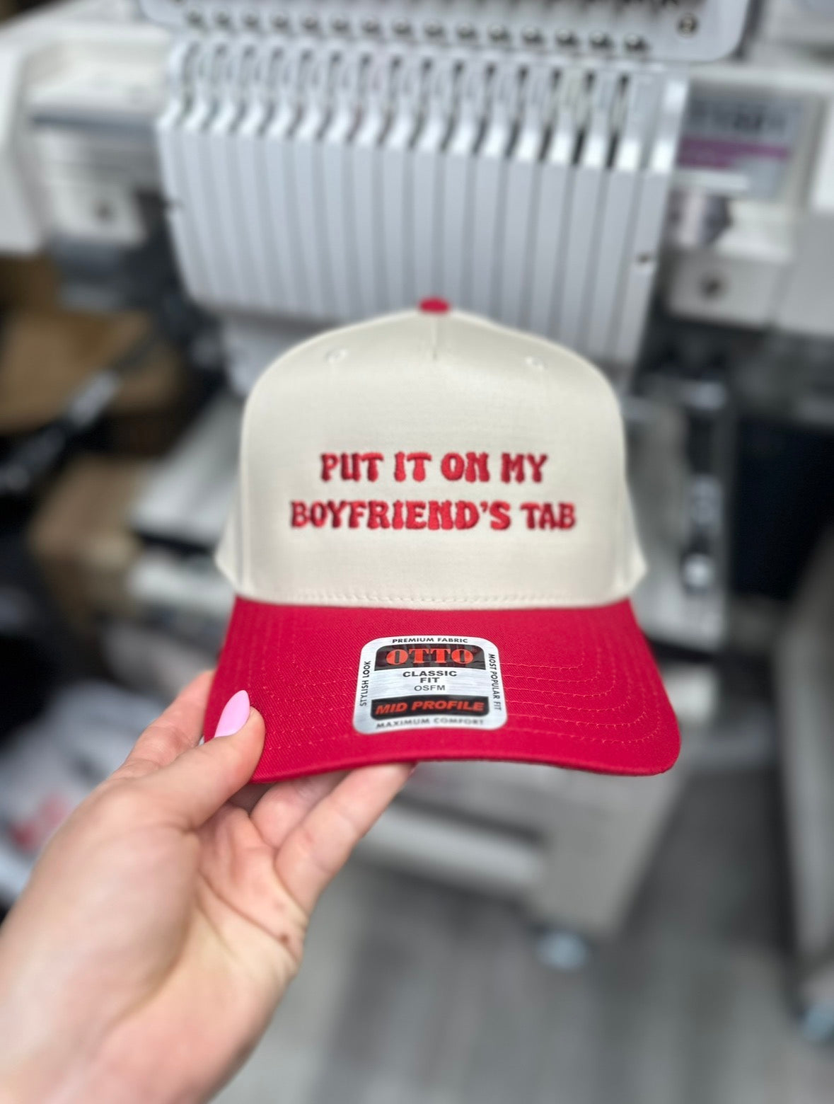 Put it on my boyfriend's tab embroidered trucker hat