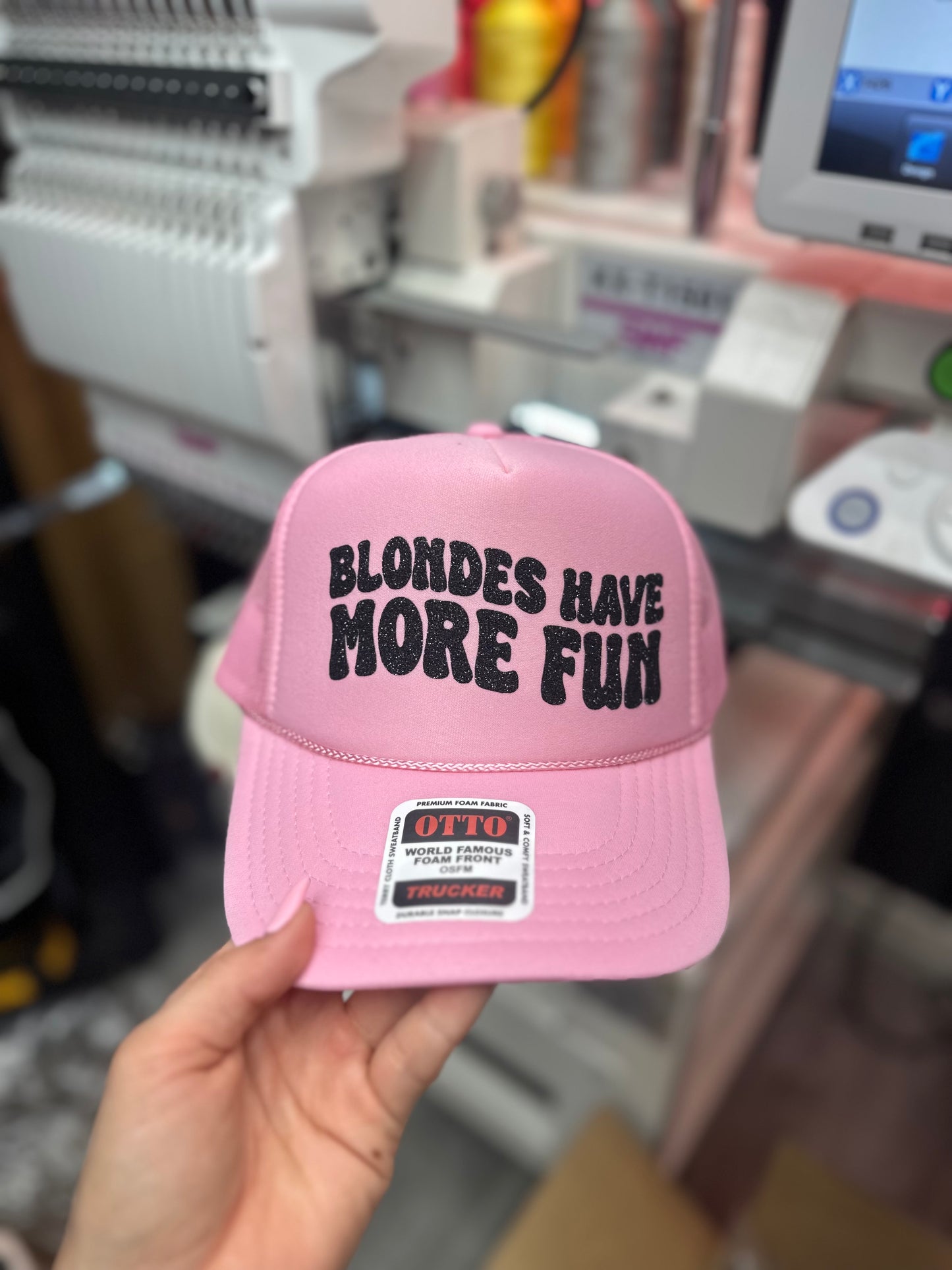 Blondes Have More Fun vinyl trucker hat