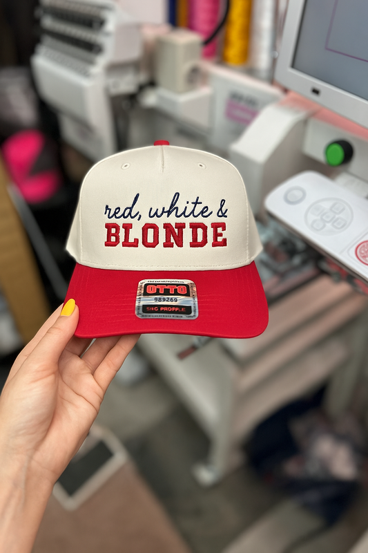 Red, White & Blonde embroidered hat