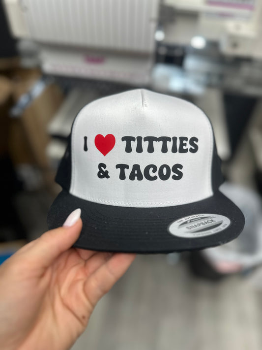 I love titties & tacos vinyl hat