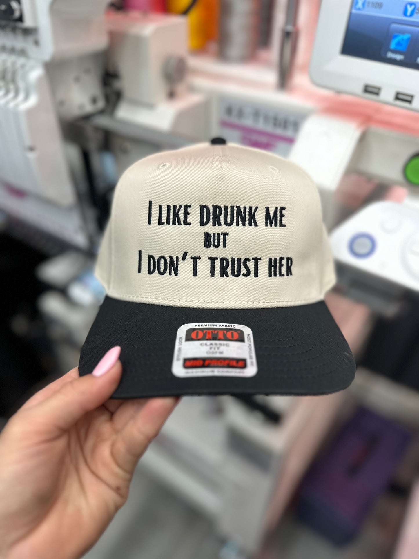 I like drunk me but i dont trust her embroidered hat