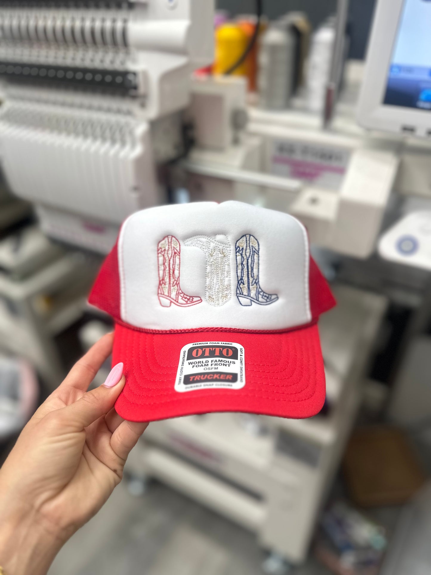 Red, White, & blue Cowboy Boots embroidered hat