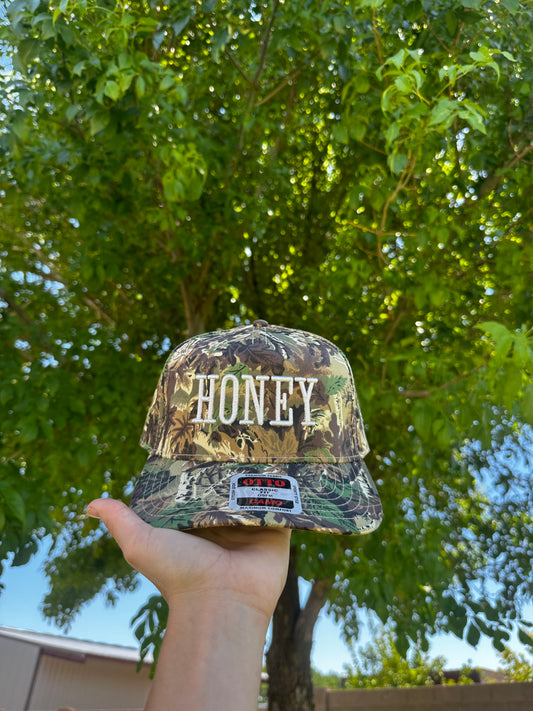 Honey puff embroidered trucker hat