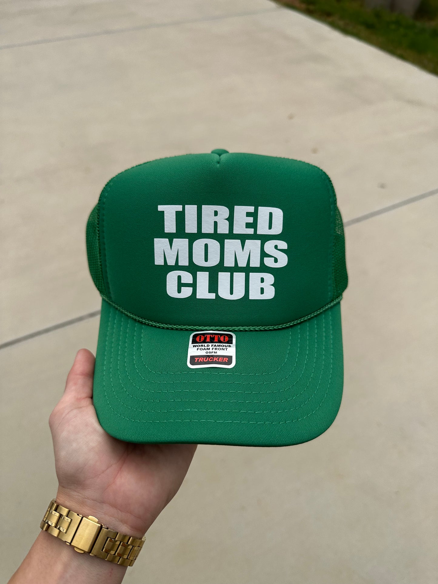 Tired moms club vinyl trucker hat