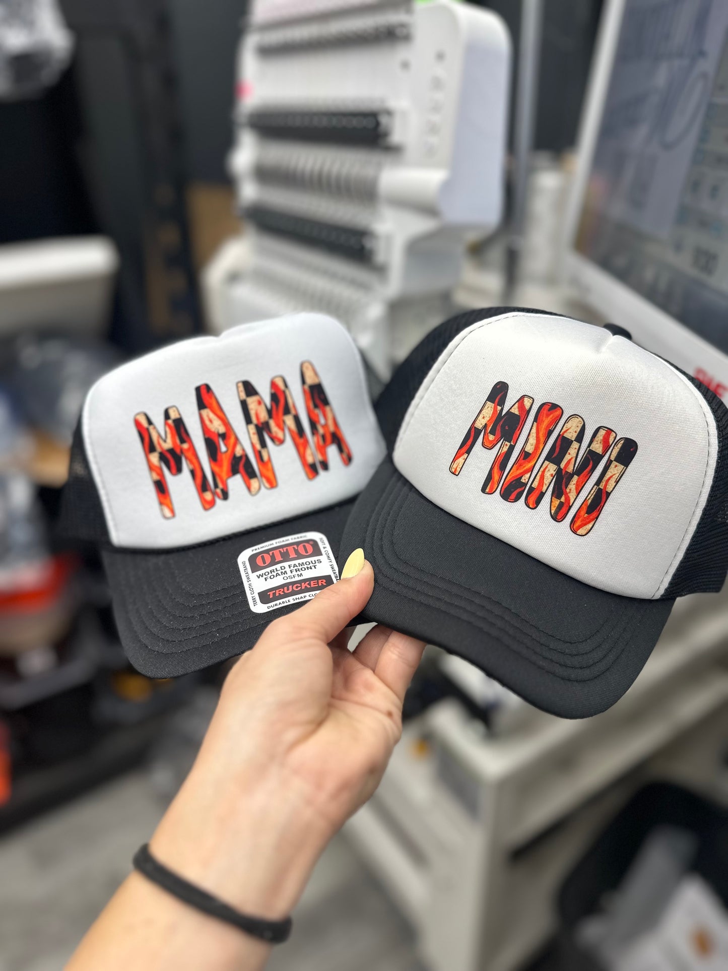Mini checkered flame trucker hat