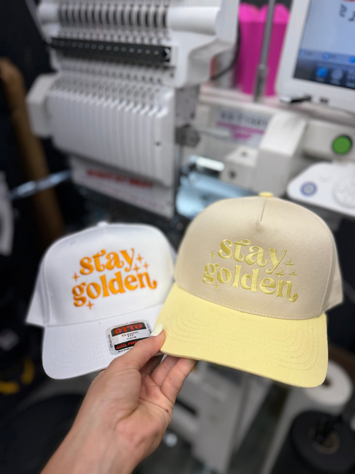 a pair of hats with words on them
