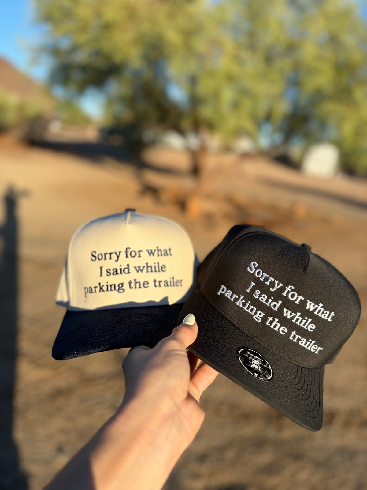 a pair of hats with text on them