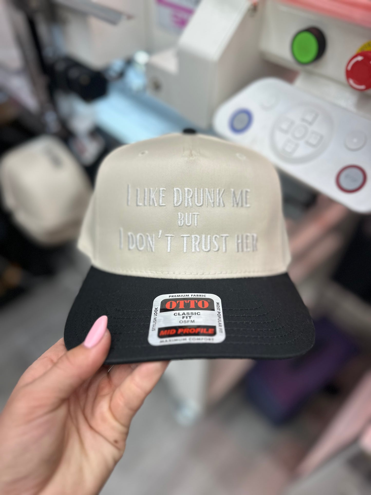 I like drunk me but i dont trust her embroidered hat