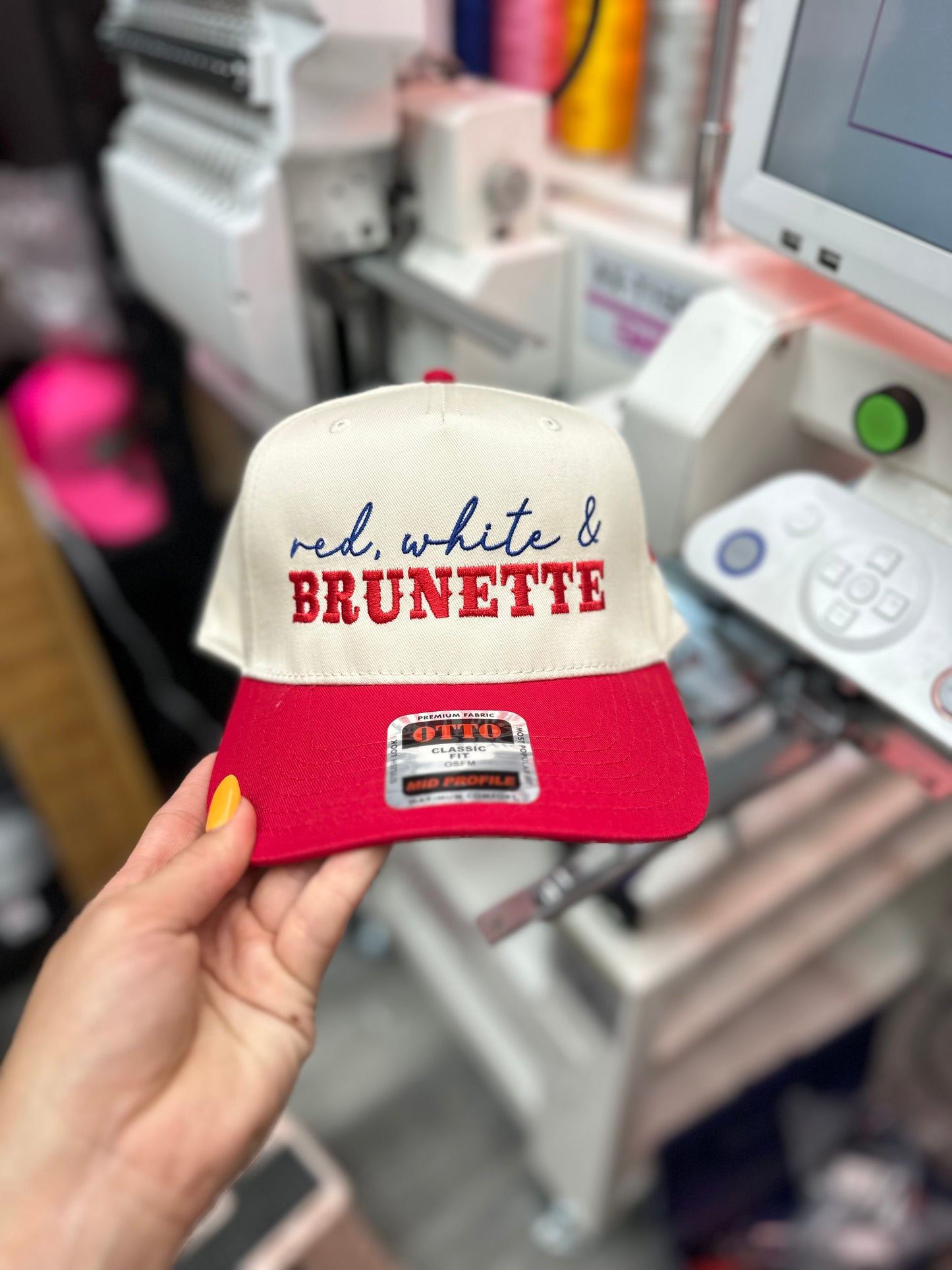 Red, White & Brunette embroidered hat