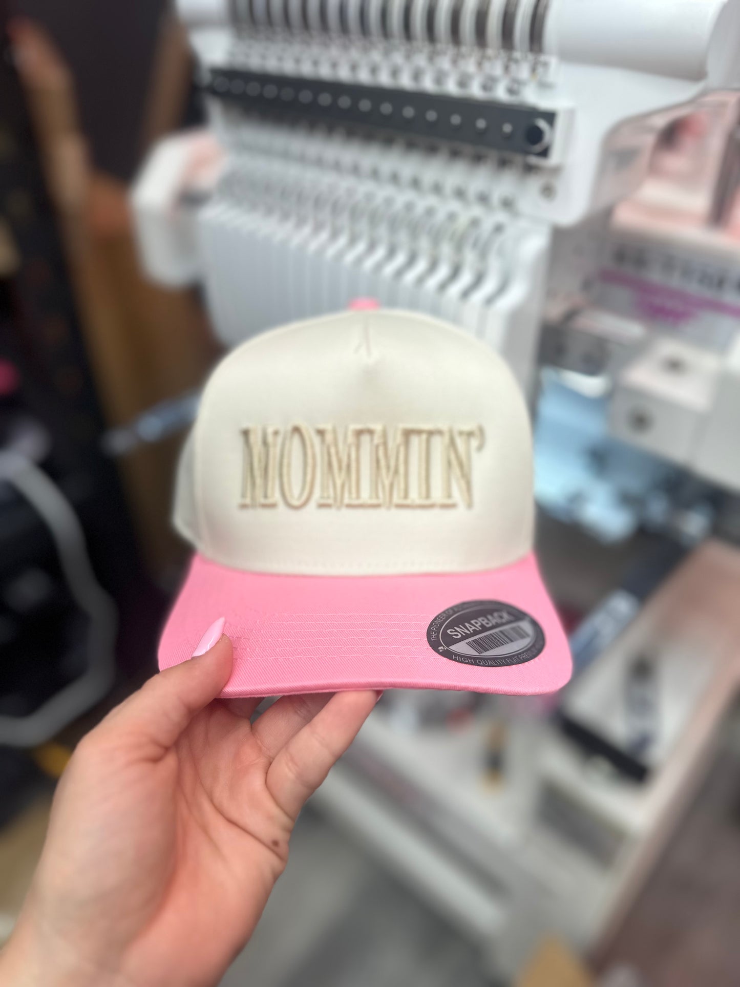 Mommin’ puff embroidered trucker hat